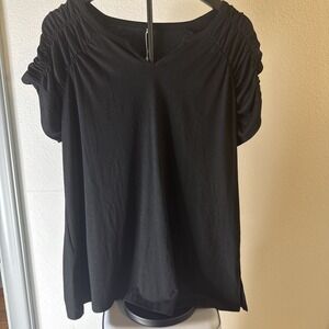 Xieerduo Fashion Women's Black Solid V-Neck Blouse Rouched Sleeves Size L New